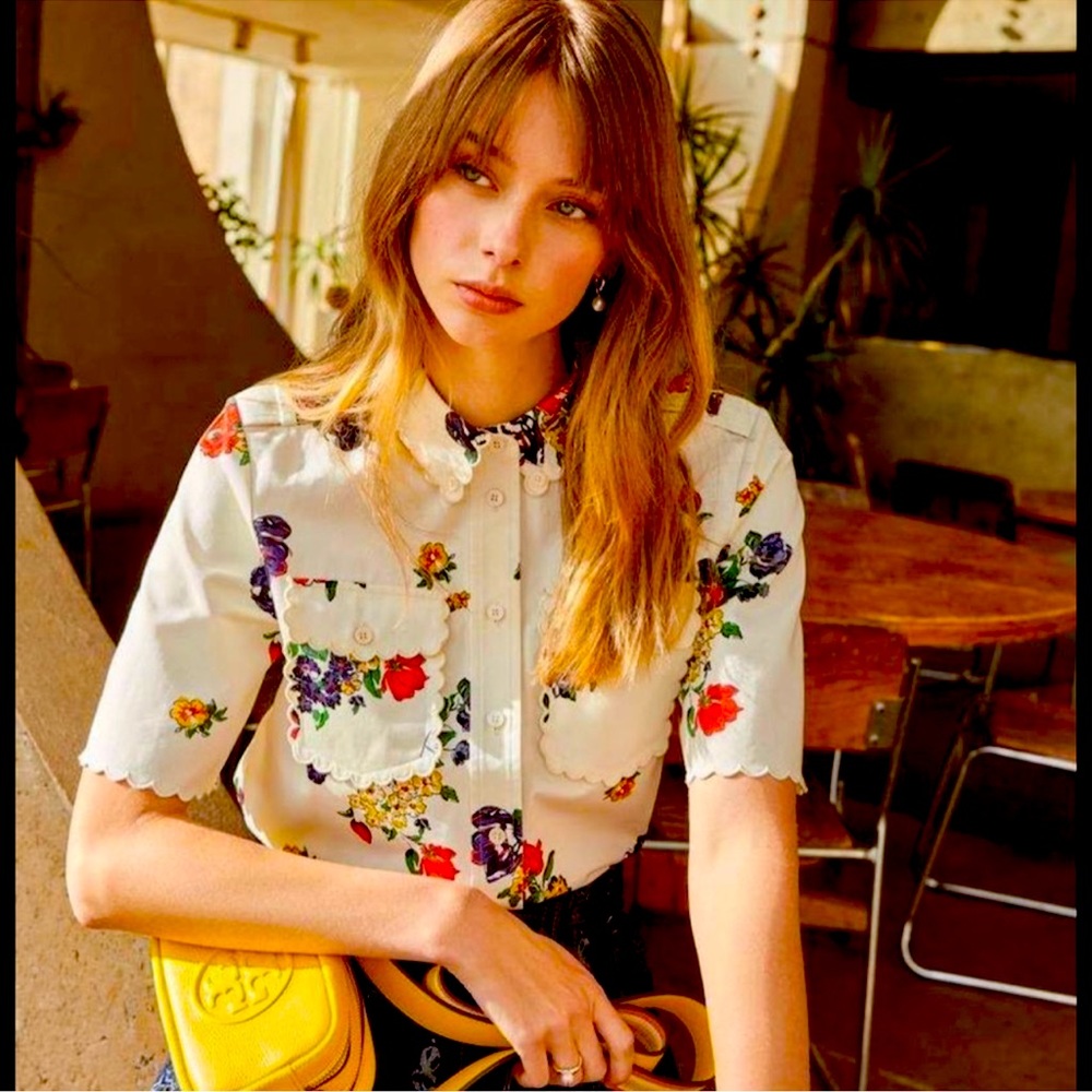 NWOT Tory Burch Floral Twill Safari Shirt Ivory Tea Rose